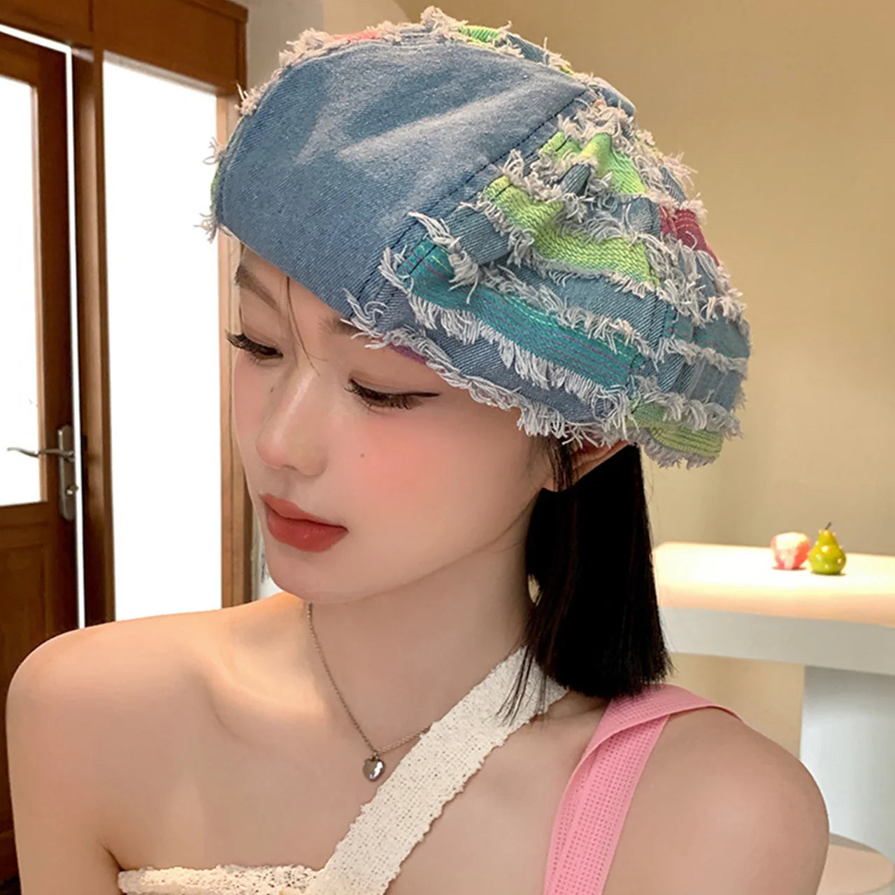 Women Washed Denim Beret Hat Fashion Patchwork Hole Octagonal Cap