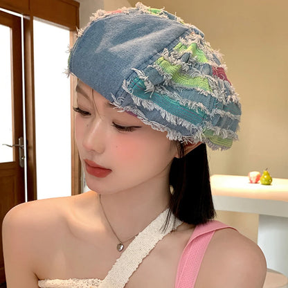 Women Washed Denim Beret Hat Fashion Patchwork Hole Octagonal Cap