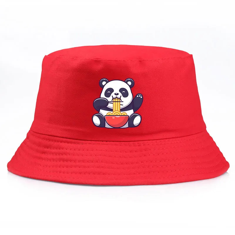 Panda Eating Noodles Pattern Reversible Bucket Hat Summer Outdoor Panama Fishing Cap