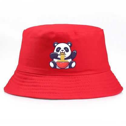 Panda Eating Noodles Pattern Reversible Bucket Hat Summer Outdoor Panama Fishing Cap
