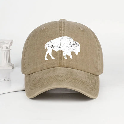 Vintage Distressed Bison Print Washed Baseball Cap