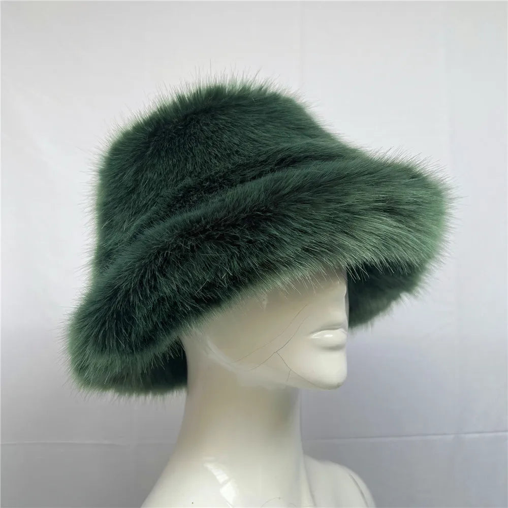 New Luxury Warm Faux Fur Bucket Hats Women