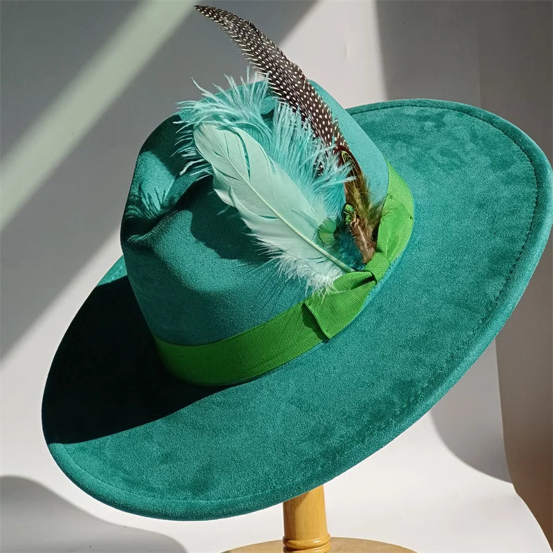 Yellow Bow Feather Suede Top Hat Wide Brim Fedora Hat