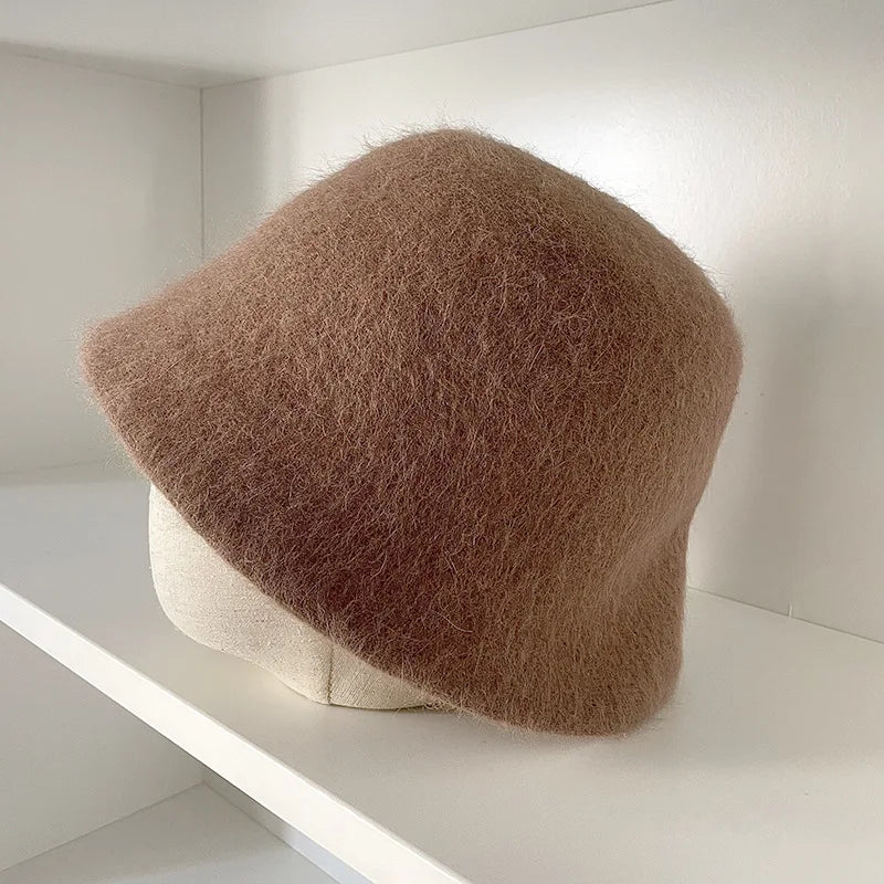 High Quality Double-Sided Wear Beanie Women Pure Wool Angora Rabbit Bucket Hat