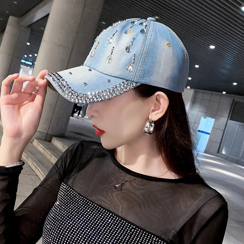 Denim Baseball Cap Women Rhinestone Droplets Cowboy Snapback