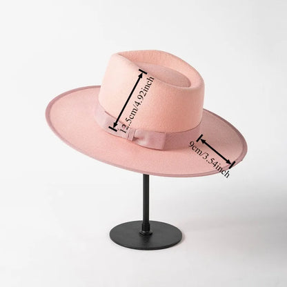 New British 100% Wool Fedoras Hat Women Retro Jazz Top Bow Felt Hat Men