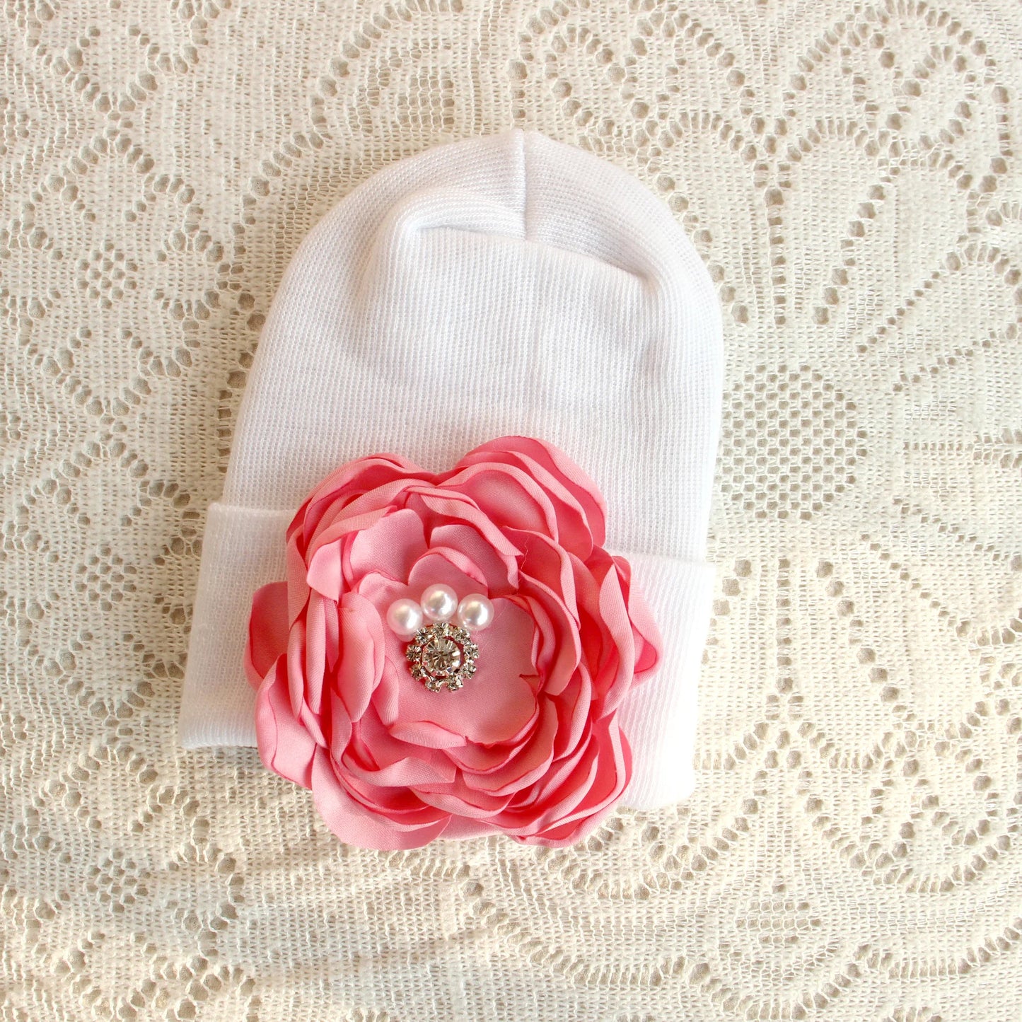 0-6 Months Newborn Knit Baby White Hat Baby Girl Knitted Bonnet Satin Diamond Flower Hat