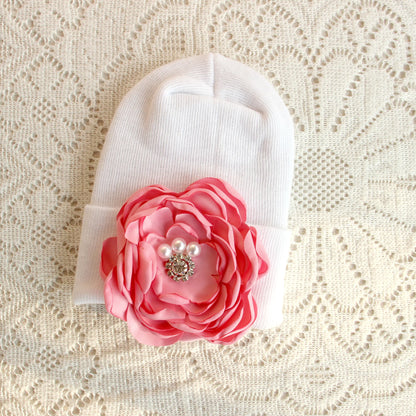 0-6 Months Newborn Knit Baby White Hat Baby Girl Knitted Bonnet Satin Diamond Flower Hat