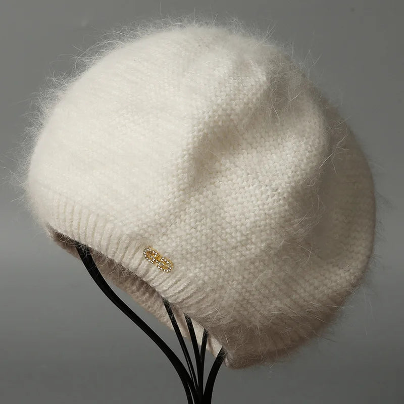Beret Women Winter Angora Knit Hat Double Layers Casual