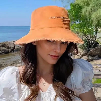 Fisherman Hat Women's Summer Sunscreen Denim Raw Edges Old Korean Version of the Trendy Face Bucket Hat