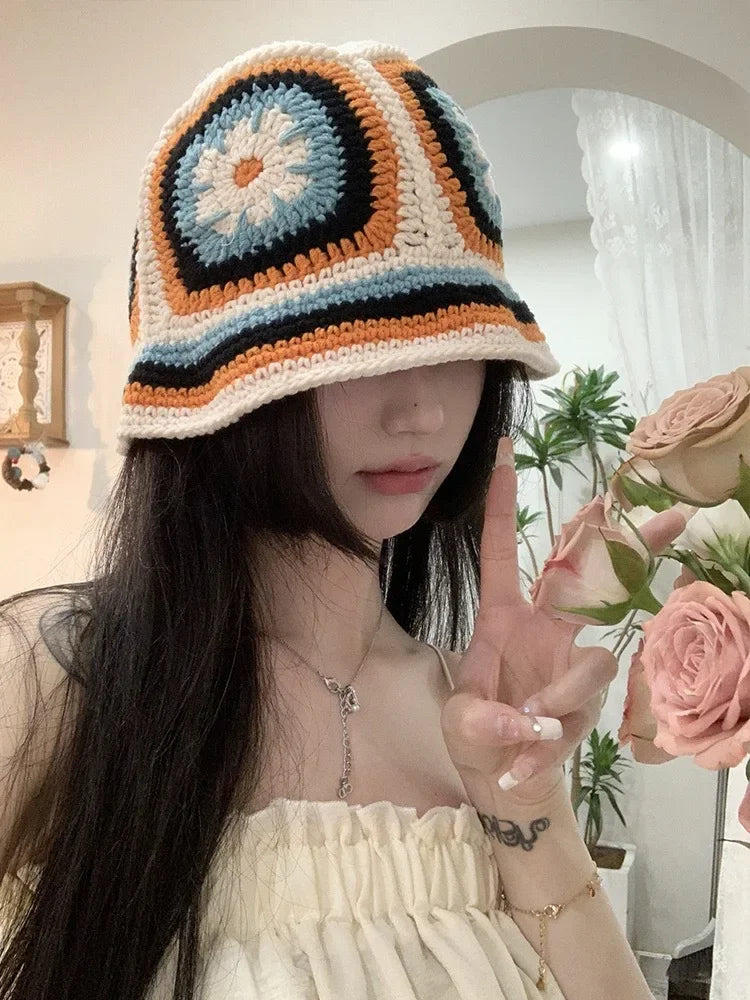 Women Muticolor Crochet Korean Handmade Bucket Hat Women Weaving Knitted Hat Y2k Fashion Flowers Autumn Cap