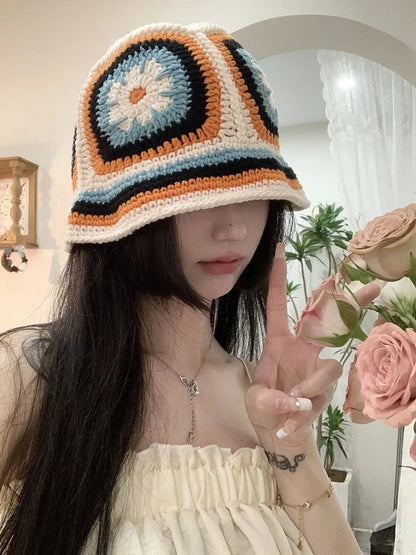 Women Muticolor Crochet Korean Handmade Bucket Hat Women Weaving Knitted Hat Y2k Fashion Flowers Autumn Cap