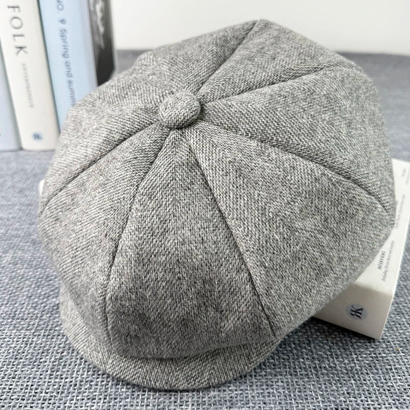 Men Hats Gray Octagonal Cap Vintage Woolen Newsboy Caps