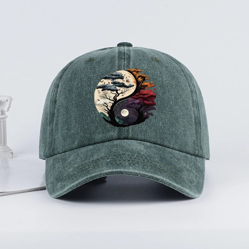Washed Baseball Cap with Tai Chi Print Design