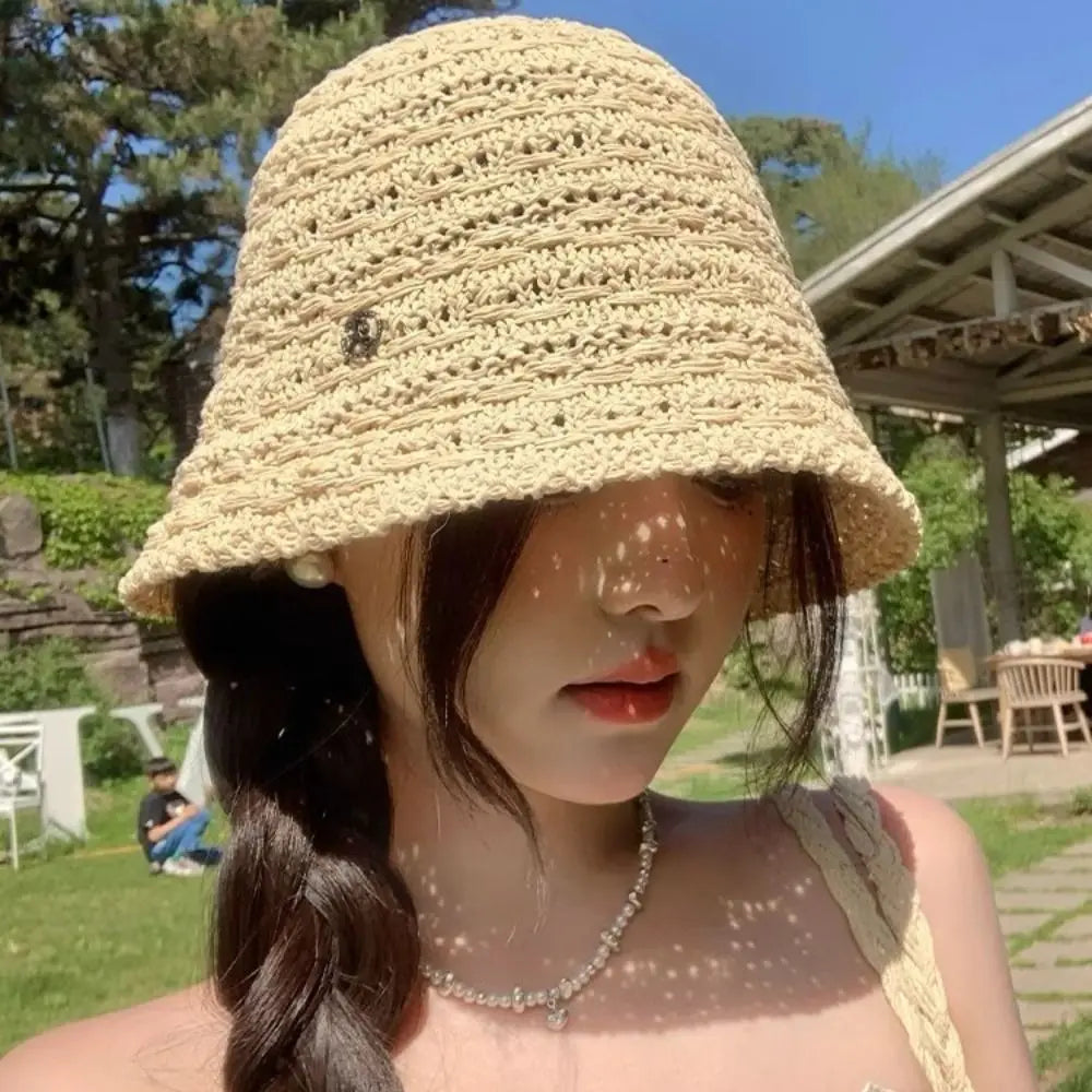 Fashion Summer Straw Sun Hat Wide Brim Hollow Straw Bucket Hat