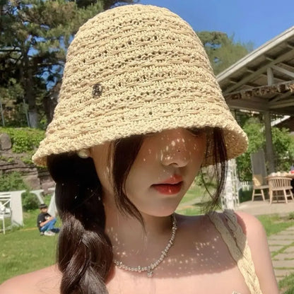 Fashion Summer Straw Sun Hat Wide Brim Hollow Straw Bucket Hat