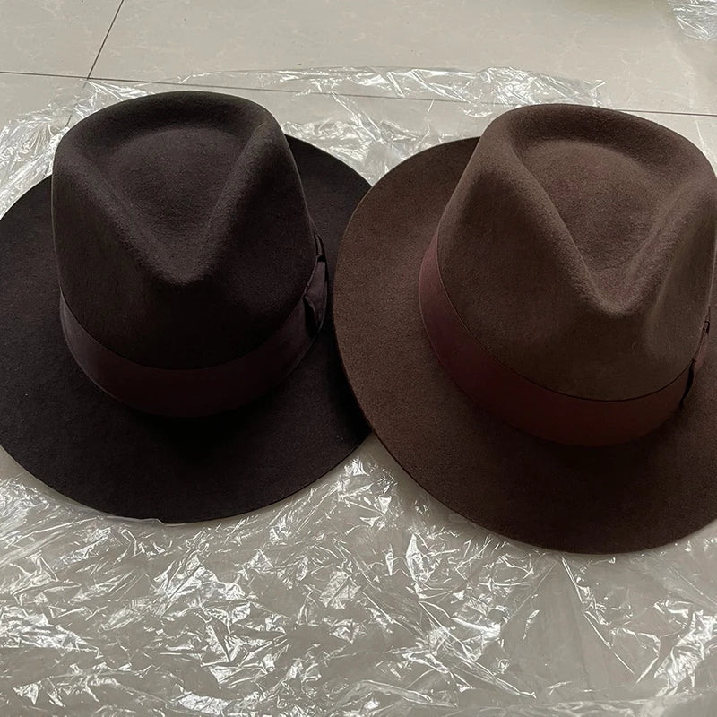New British 100% Wool Felt Hat Men Fedora Big Size Raw Edge Brim Satin Lined Gangster Hat