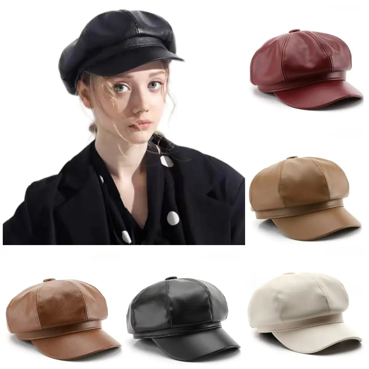 New Korean Style Pu Leather Octagonal Hat