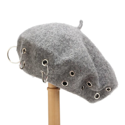 Personality Punk Style Beret Hat With Circular Hollow Rivet, Y2k Newsboy Caps