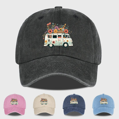 Vintage Floral Van Print Washed Baseball Cap