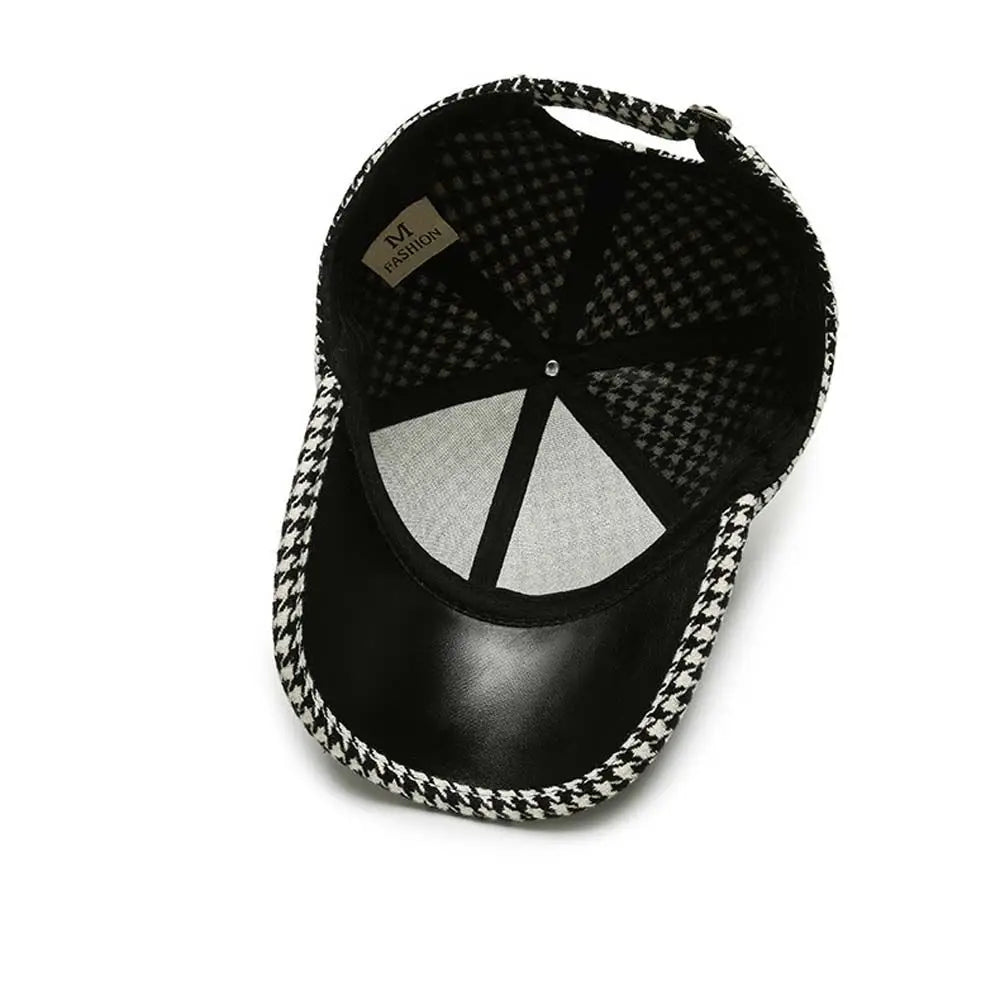 Pu Leather Brim Houndstooth Baseball Cap Face Cap Korean Style Hat