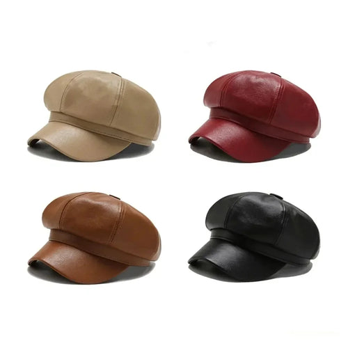 Autumn And Winter Leather Octagonal Hat Women's