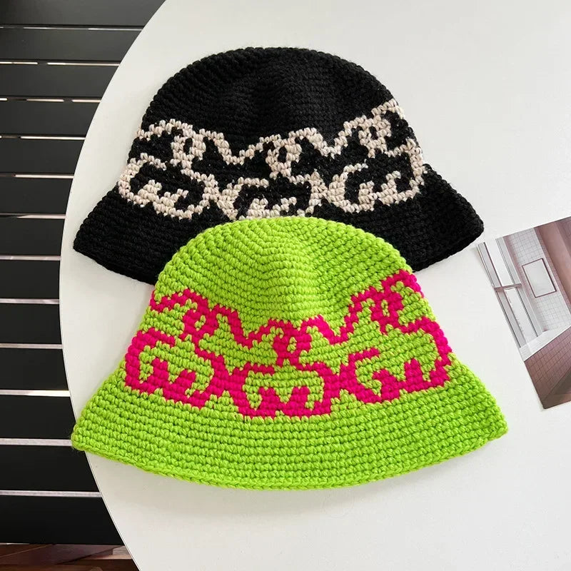 Korean Autumn Winter Retro Crochet Knitted Wool Bucket Hat Women
