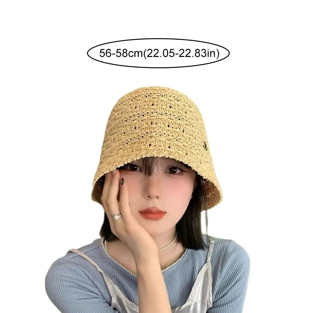 Fashion Summer Straw Sun Hat Wide Brim Hollow Straw Bucket Hat