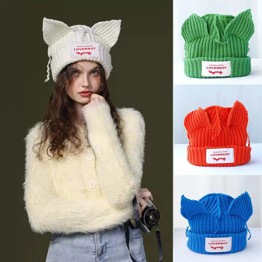 Lover Boy Cat Ear Knit Hat Solid Warm Pig Ear Woolen Hat