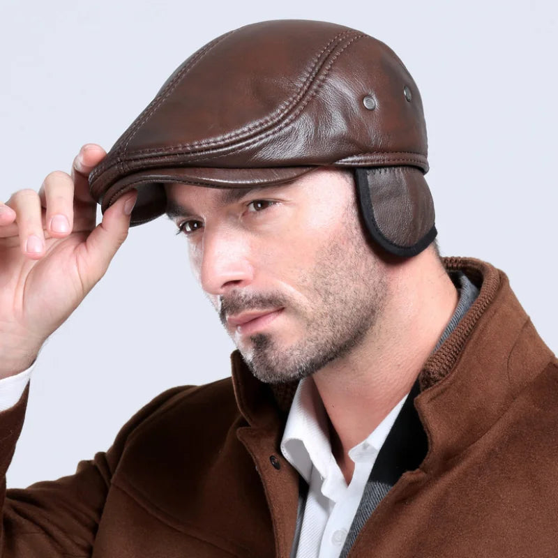 Men's Outdoor Leather Hat Winter Berets Male Warm Ear Protection Cap