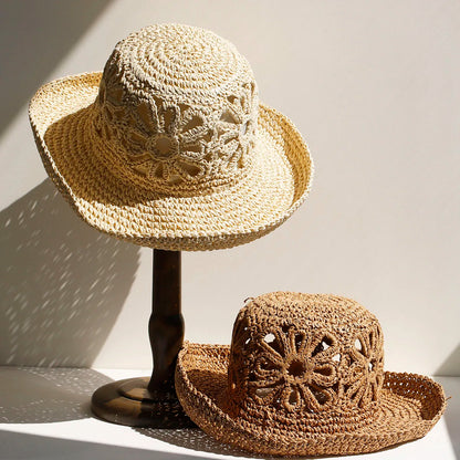 Women Beach Panama Straw Dome Bucket Hat