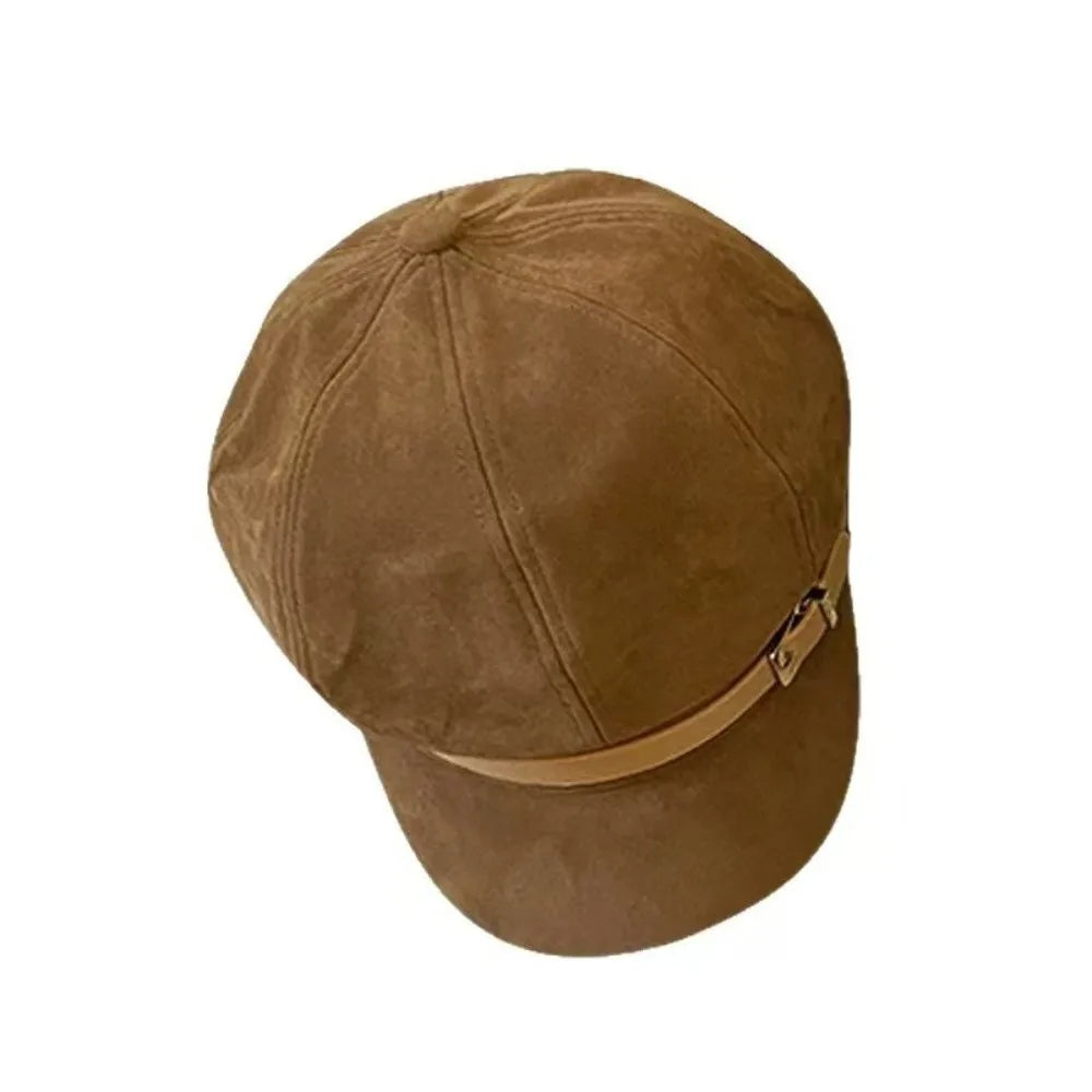 Fashion British Style Pu Leather Beret Belt Buckle Retro Suede Octagonal Hat