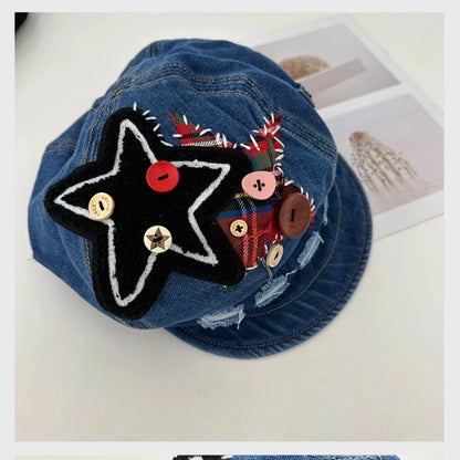 Personalized Retro Patch Button Star Design Denim Berets Cap