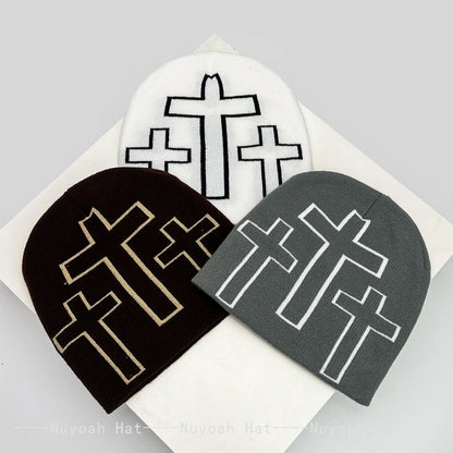 New Men Women Color Block Jacquard Cross Star Knitted Hats