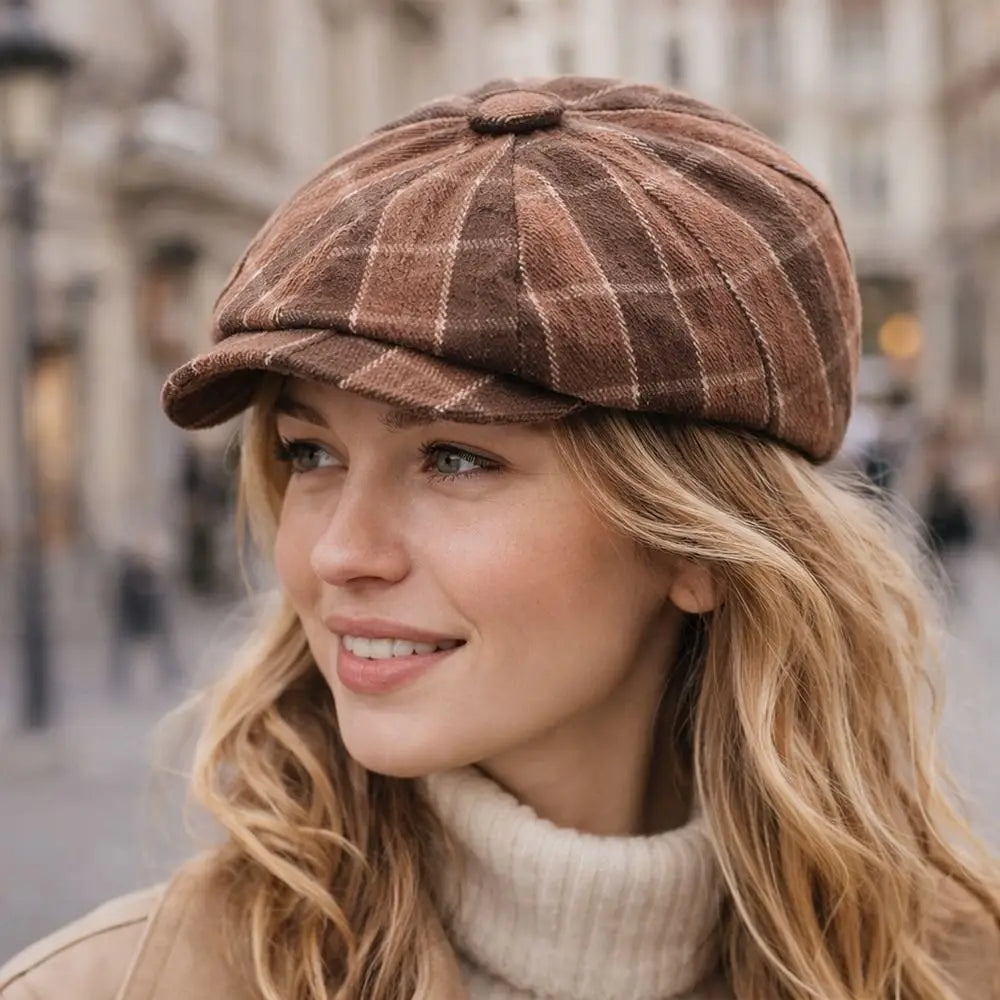 Fashion Headwear Cotton Retro Beret Plaid Octagonal Shape Newsboy Cap