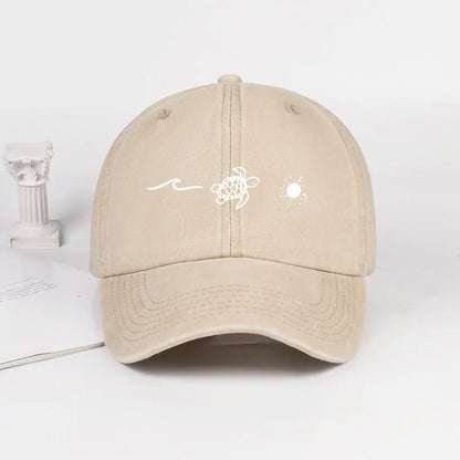 Retro Washed Baseball Cap With Wave Turtle and Sun Print Unisex Adjustable Dad Cap Summer Beach Sun Hat
