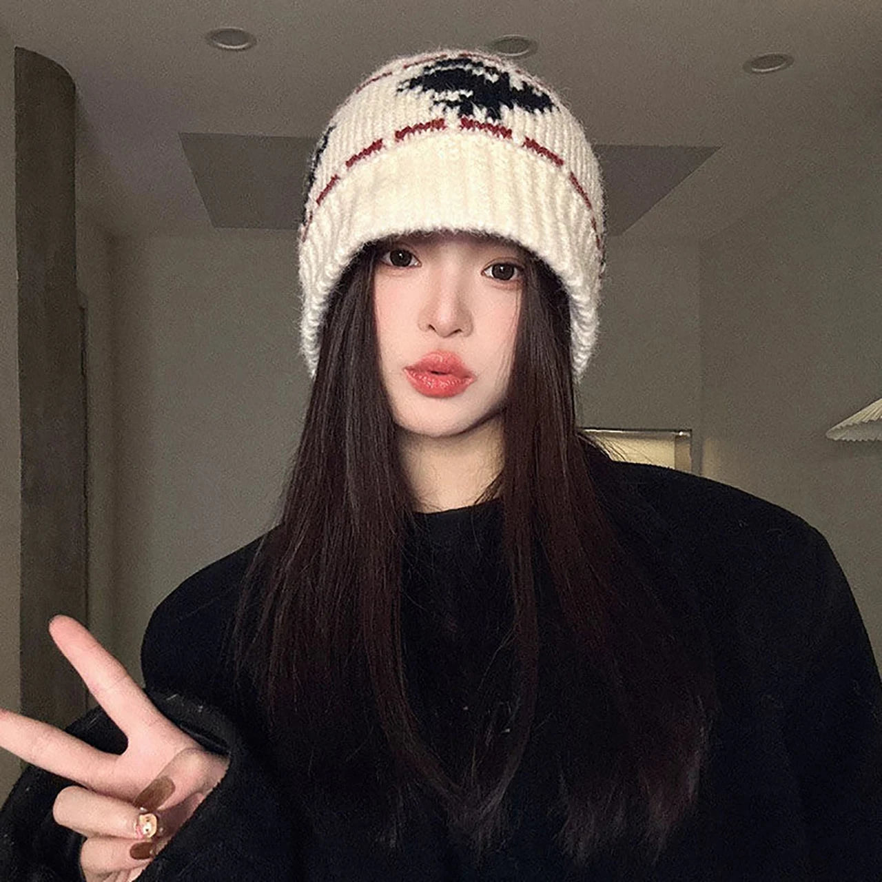 Vintage Jacquard Wool Knitting Hat For Women Autumn Winter