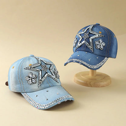 Denim Fashion Cap, Point Diamond Star Baseball Cap
