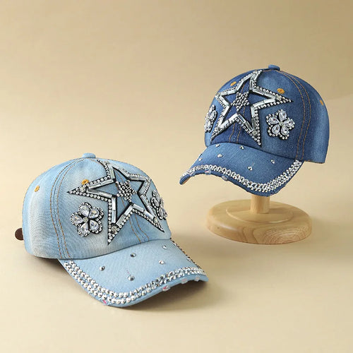 Denim Fashion Cap, Point Diamond Star Baseball Cap