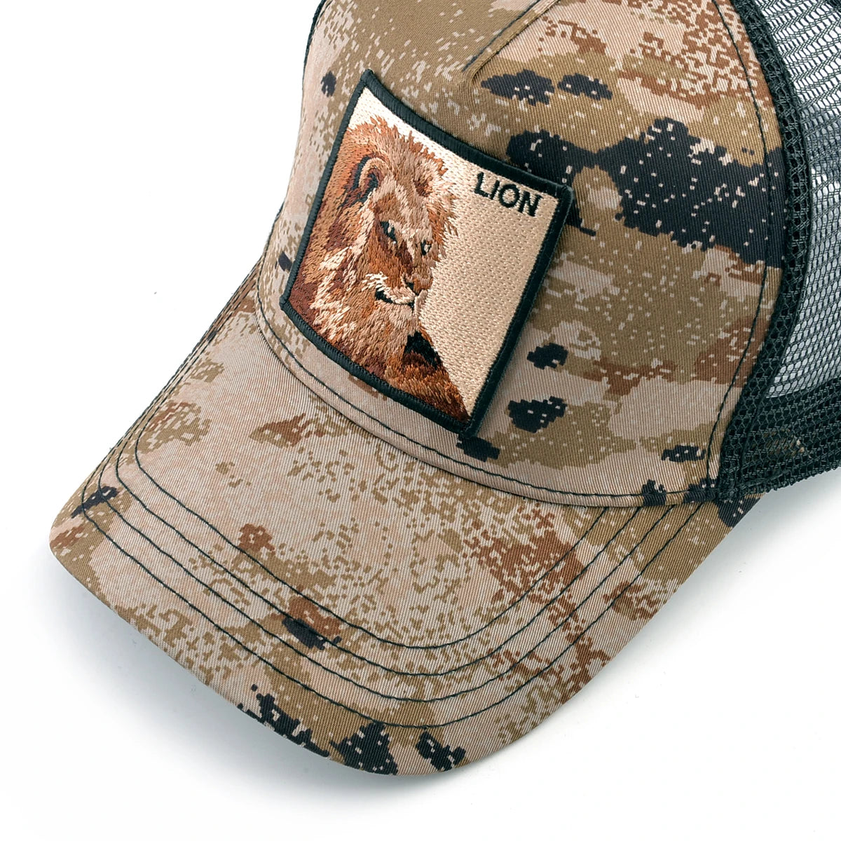 Camouflage Trucker Cap With Embroidery Lion Patch Baseball Cap For Men Women