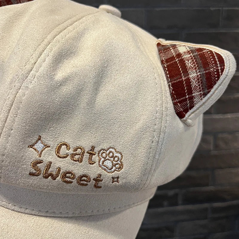 Kawaii Cat Ear Newsboy Cap Faux Suede Women Baker Boy Cap Letter Embroidery Autumn Snap Brim Y2k Hat