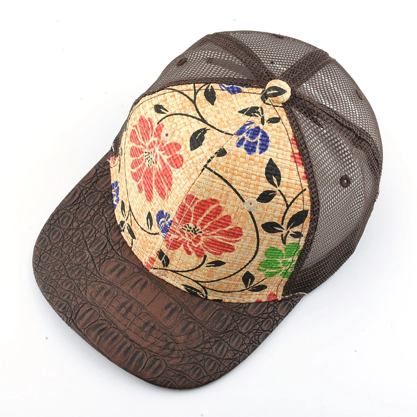 Straw Floral Flat Bill Baseball Cap Women Summer