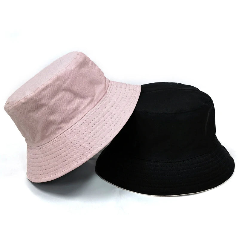 Black Solid Dots Bucket Hat Two Side Wear Unisex Simple Bob Caps