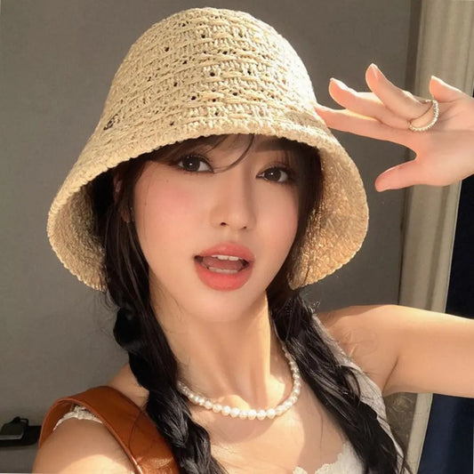 Fashion Summer Straw Sun Hat Wide Brim Hollow Straw Bucket Hat