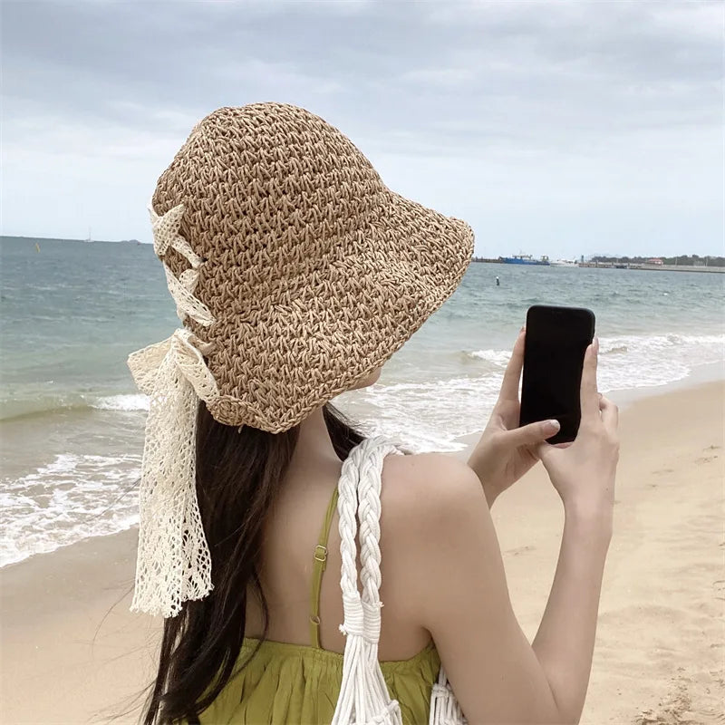 Straw Hat Women's Lace Bow Hollow Crochet Cap