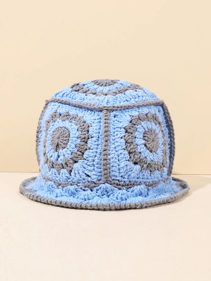 1PC Handmade Crochet Vintage Bucket Hat - Geometric Patch Super Soft and Warm