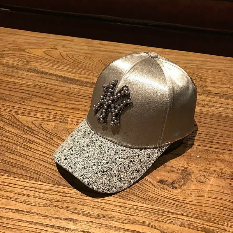 2026 New Luxury Y2K Glitter Baseball Cap – Pearl NY Logo Satin Snapback
