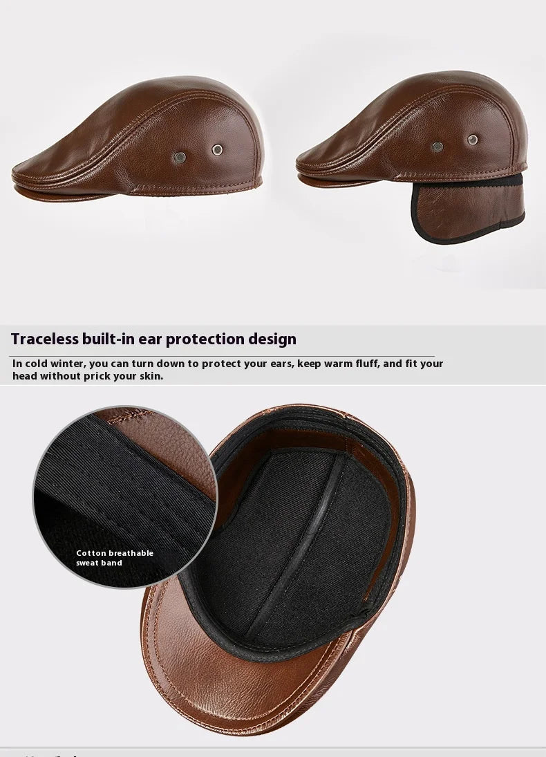 Genuine Leather Beret Hat For Men Warm Windproof Winter Cap