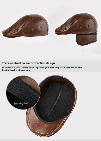 Genuine Leather Beret Hat For Men Warm Windproof Winter Cap