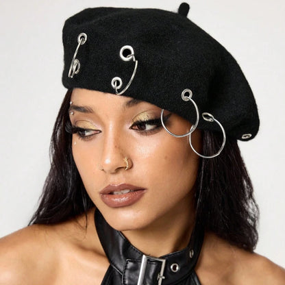 Personality Punk Style Beret Hat With Circular Hollow Rivet, Y2k Newsboy Caps